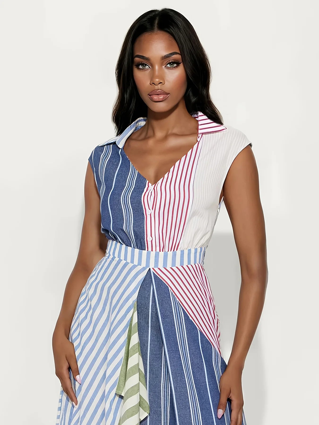 2026 Color Block Patchwork Striped V-neck Dress, Irregular Slim Waist A Line Maxi Dress