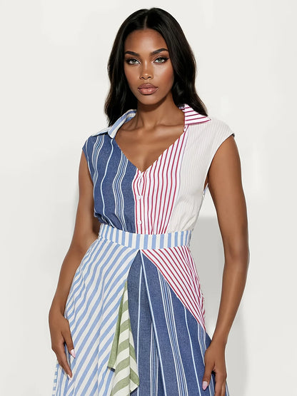 2026 Color Block Patchwork Striped V-neck Dress, Irregular Slim Waist A Line Maxi Dress