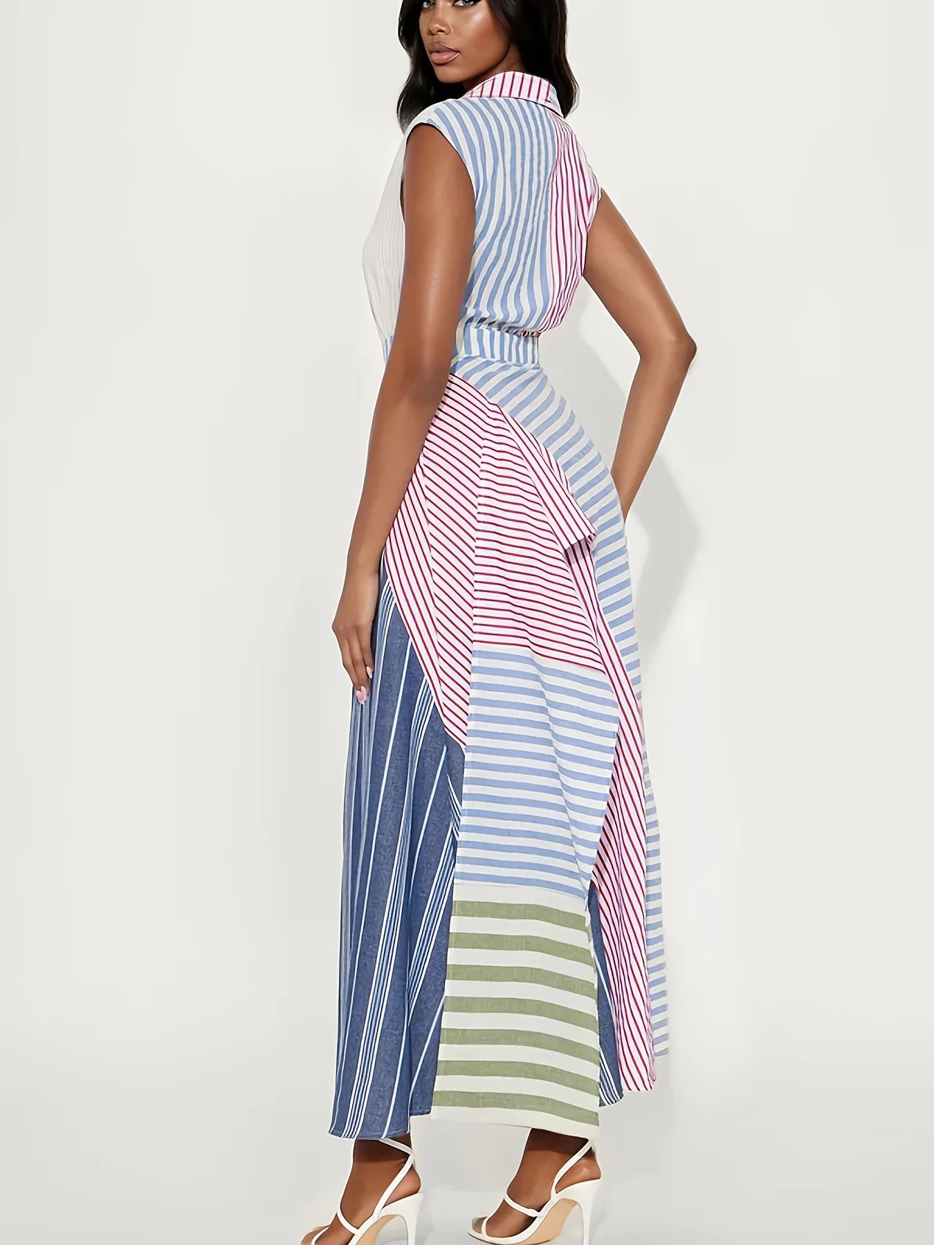 2026 Color Block Patchwork Striped V-neck Dress, Irregular Slim Waist A Line Maxi Dress