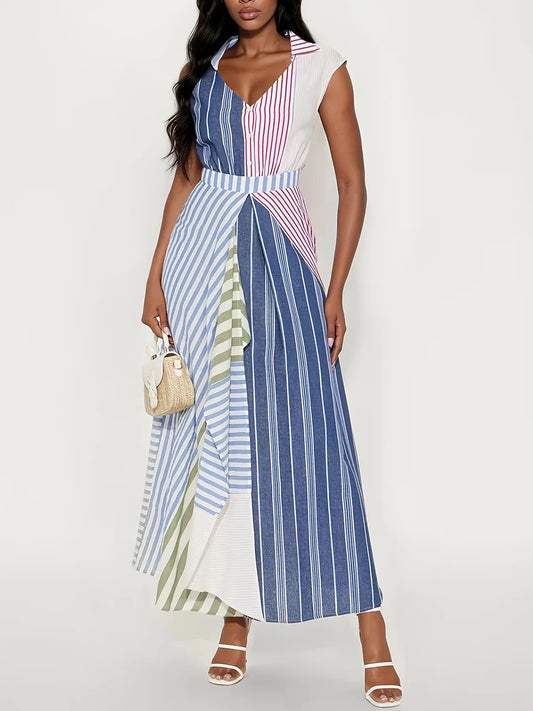 2026 Color Block Patchwork Striped V-neck Dress, Irregular Slim Waist A Line Maxi Dress