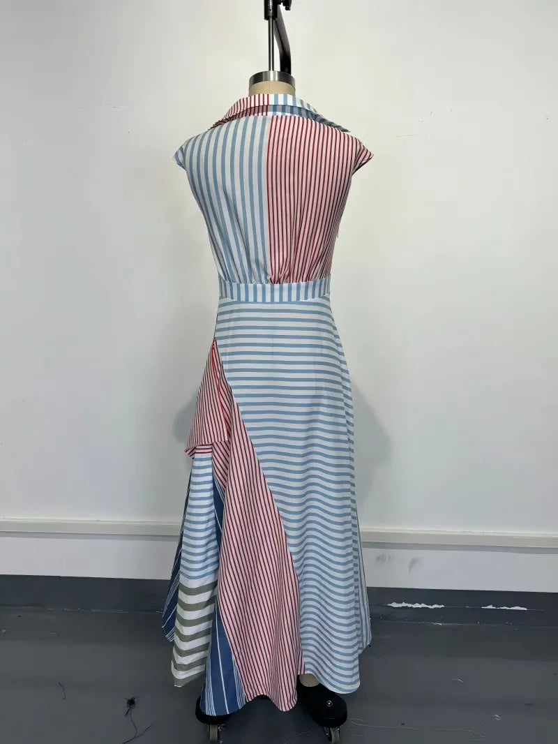 2026 Color Block Patchwork Striped V-neck Dress, Irregular Slim Waist A Line Maxi Dress