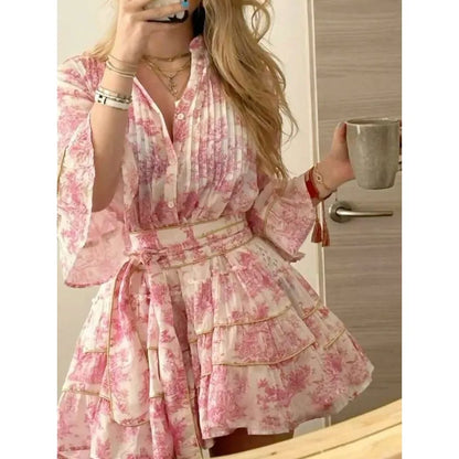 Romantic Vacation Printed Button Dress