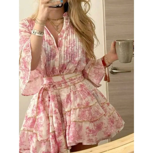 Romantic Vacation Printed Button Dress