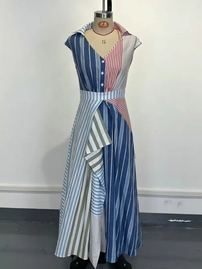 2026 Color Block Patchwork Striped V-neck Dress, Irregular Slim Waist A Line Maxi Dress
