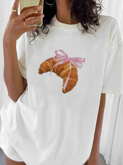 Fashion American Ins Personality Simple Printed T-shirt in Summer Y2K Pink Bread Cute Women's Style Clothing Half-sleeved Top