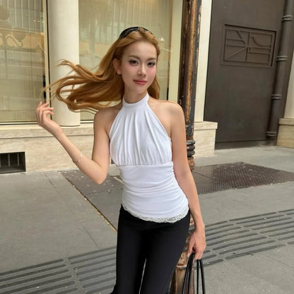 Fashion 2026 Spring and Summer Women's Clothing New Temperament Fashion Spice Girl Neck Halter Strap Slim Pleated Top