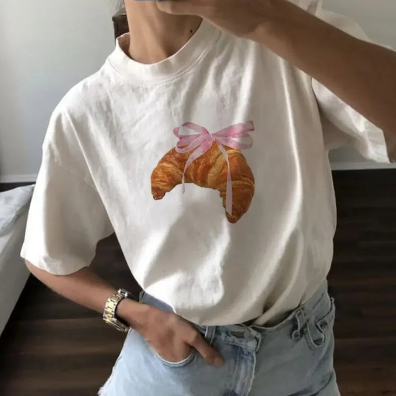 Fashion American Ins Personality Simple Printed T-shirt in Summer Y2K Pink Bread Cute Women's Style Clothing Half-sleeved Top