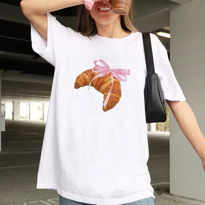 Fashion American Ins Personality Simple Printed T-shirt in Summer Y2K Pink Bread Cute Women's Style Clothing Half-sleeved Top