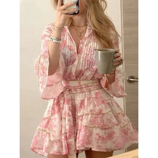 Romantic Vacation Printed Button Dress