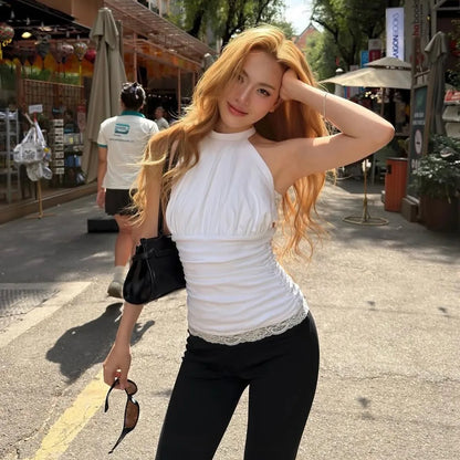Fashion 2026 Spring and Summer Women's Clothing New Temperament Fashion Spice Girl Neck Halter Strap Slim Pleated Top