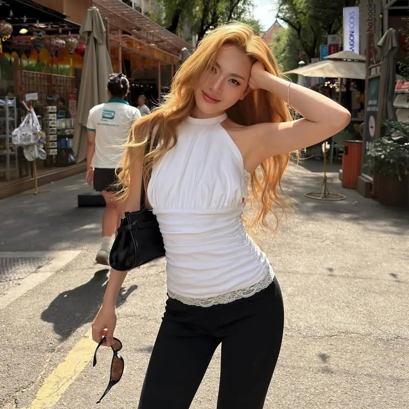 Fashion 2026 Spring and Summer Women's Clothing New Temperament Fashion Spice Girl Neck Halter Strap Slim Pleated Top